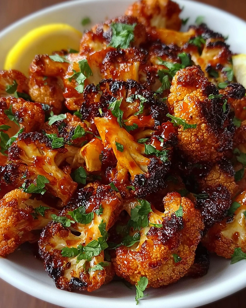 A bowl of cauliflower with a lemon wedge on top.