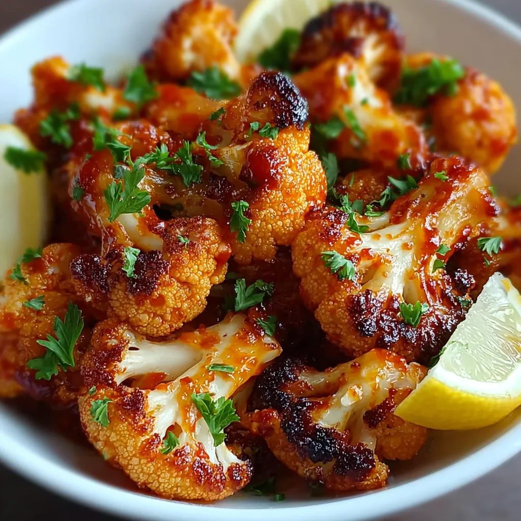 A bowl of cauliflower with a lemon wedge on top.