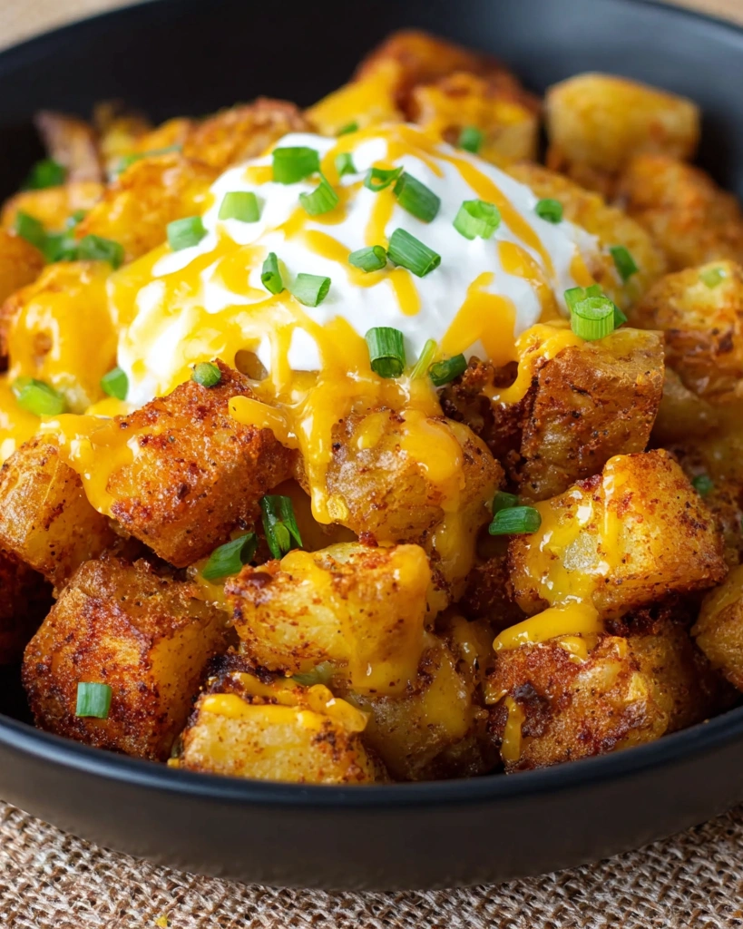A plate of Taco Bell Cheesy Fiesta Potatoes.