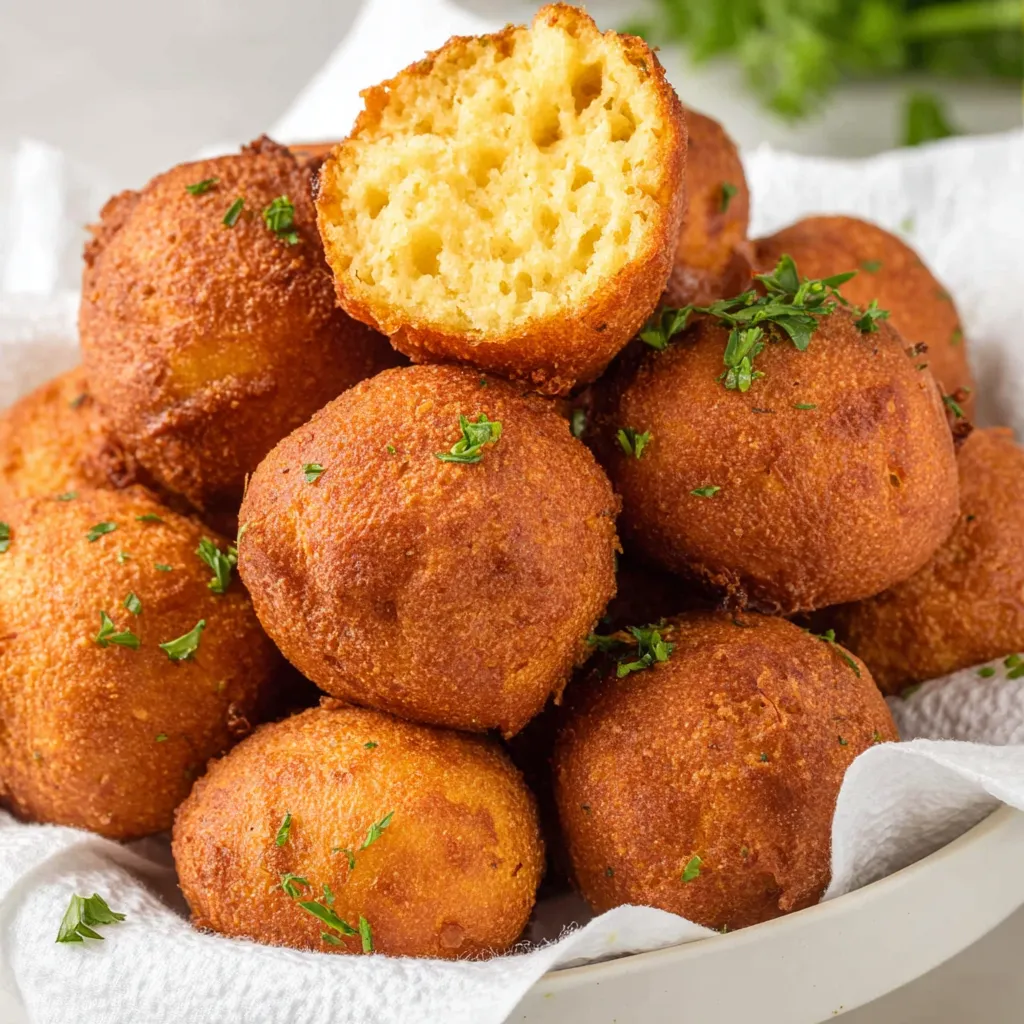 A stack of hush puppies on a plate.