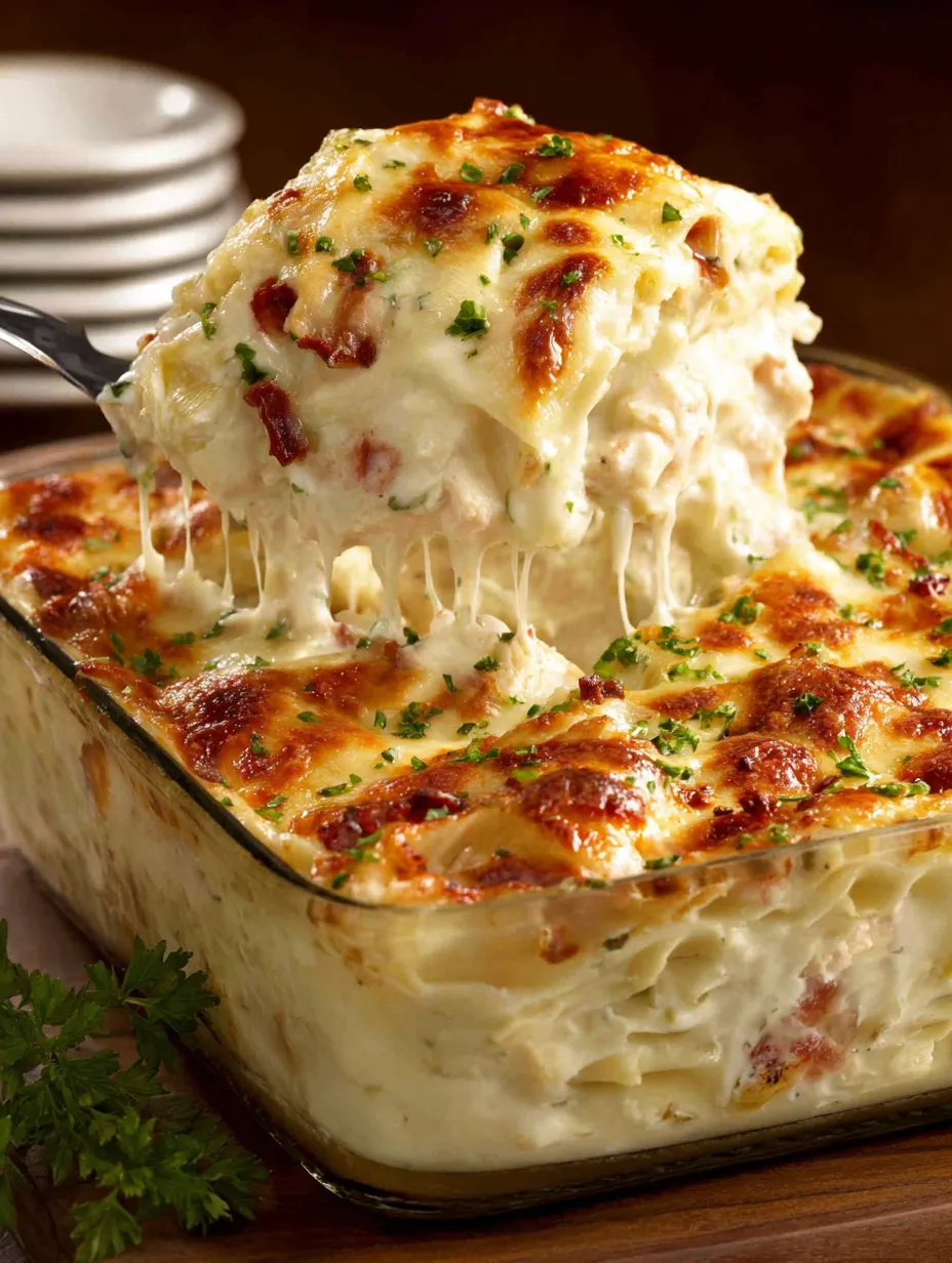A creamy white chicken lasagna.