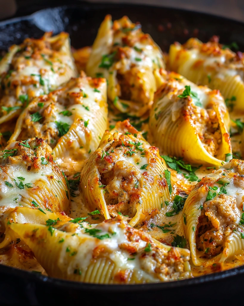 A dish of Creamy Cajun Chicken Stuffed Shells.