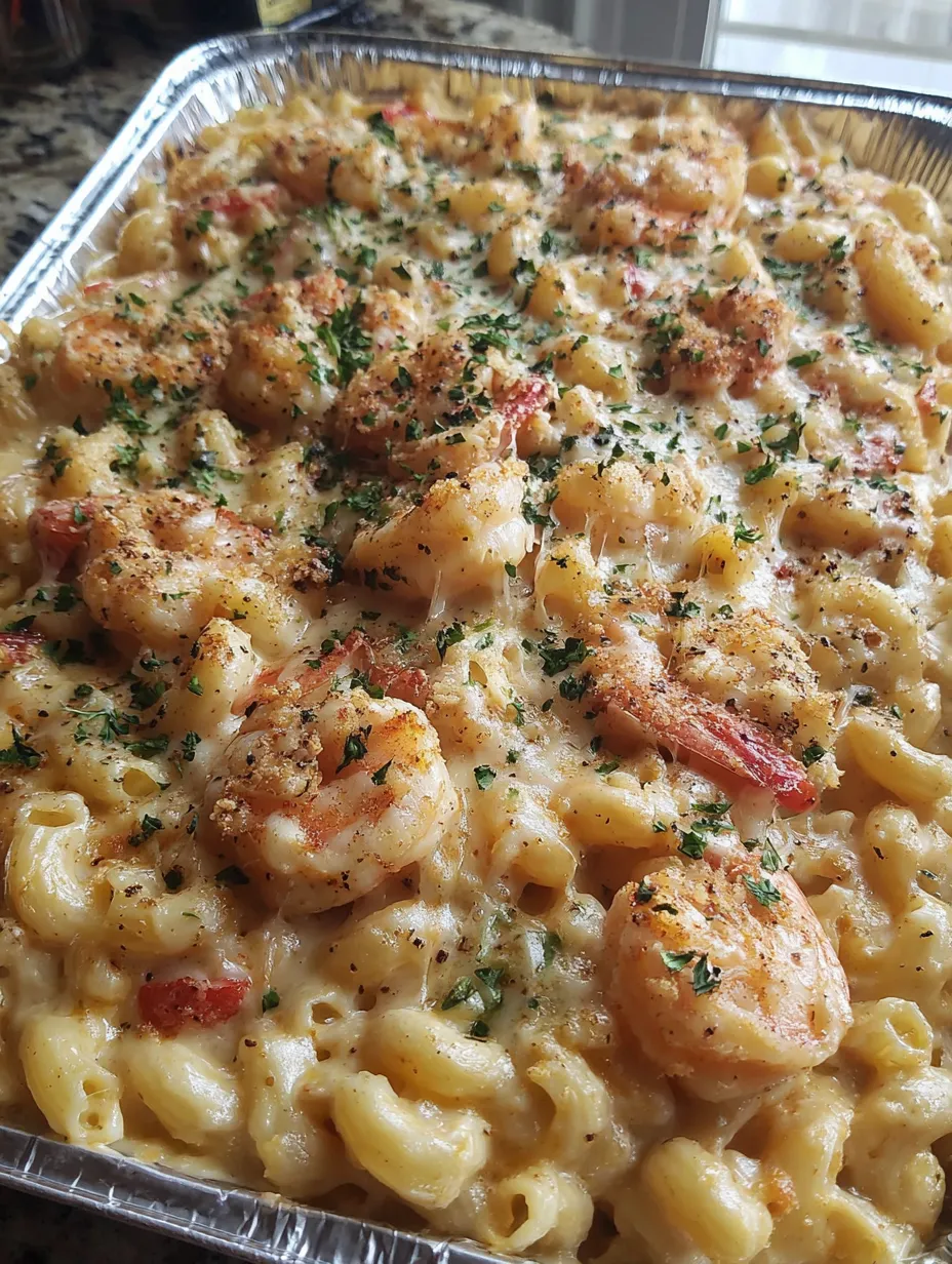 A seafood mac and cheese bake with shrimp and tomatoes.