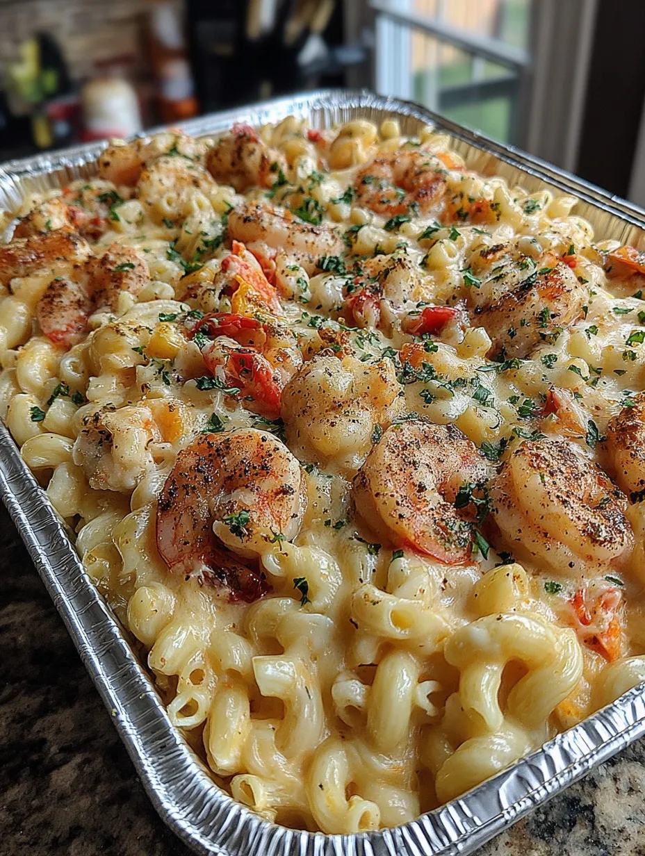 A seafood mac and cheese bake in a tin.