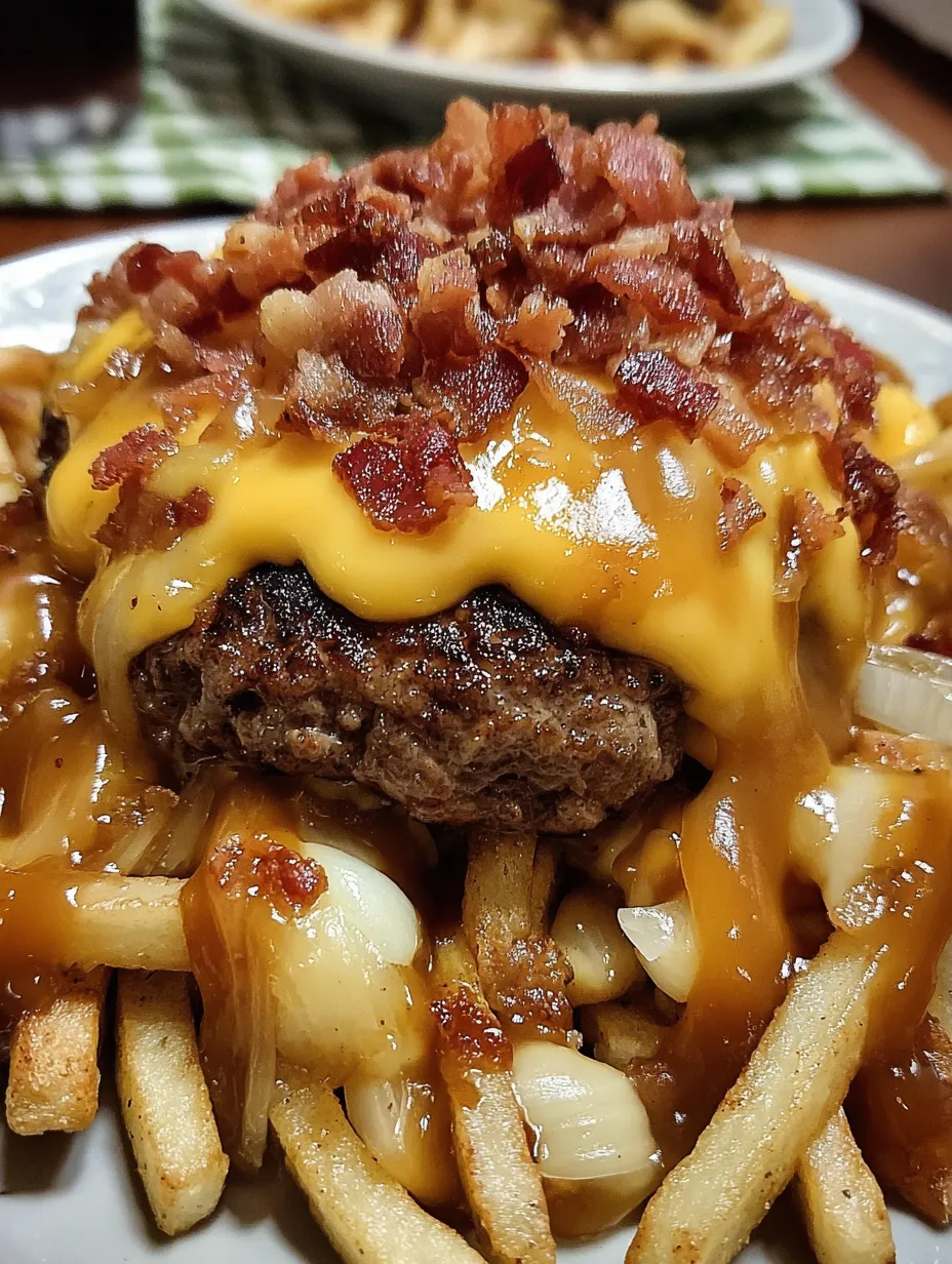 A close up of a maple glazed bacon cheeseburger poutine.