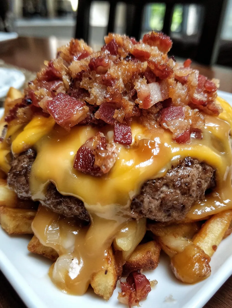 A close up of a Maple Glazed Bacon Cheeseburger Poutine.