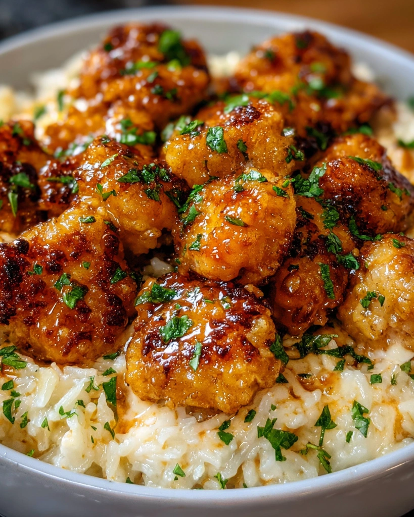 A plate of honey garlic chicken bites over creamy rice.