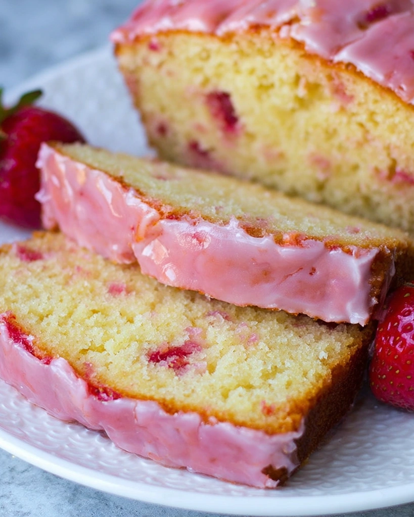 A slice of strawberry pound cake.