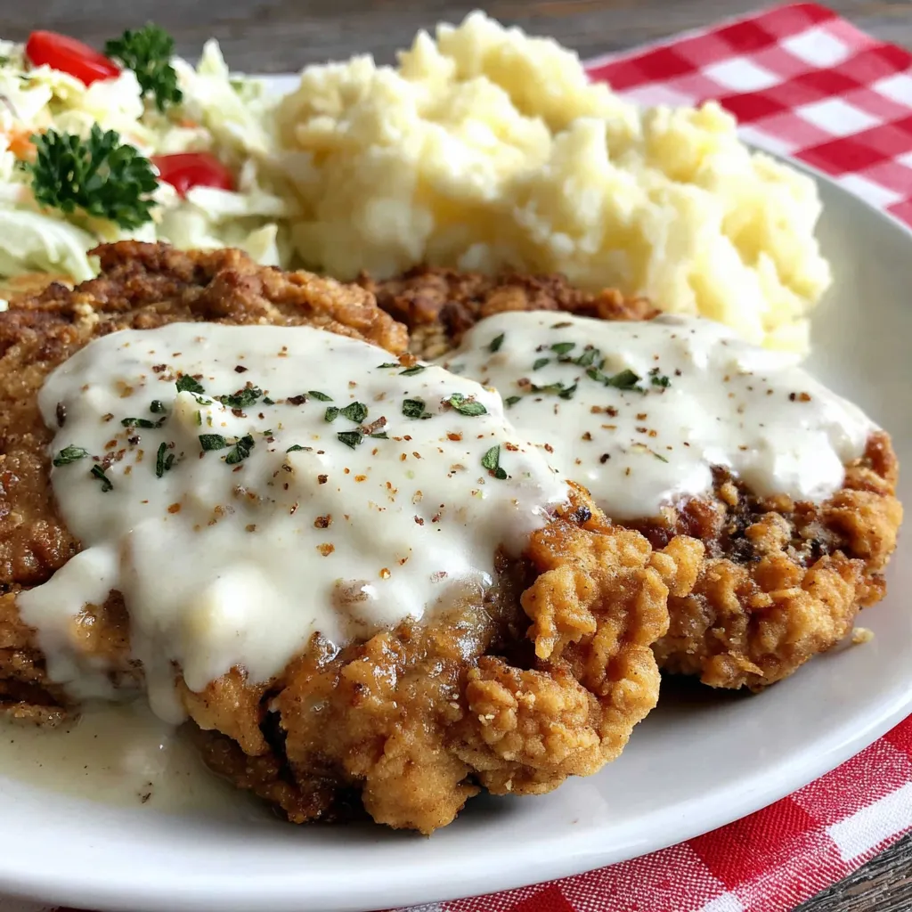 A plate of chicken fried steak with country gravy.