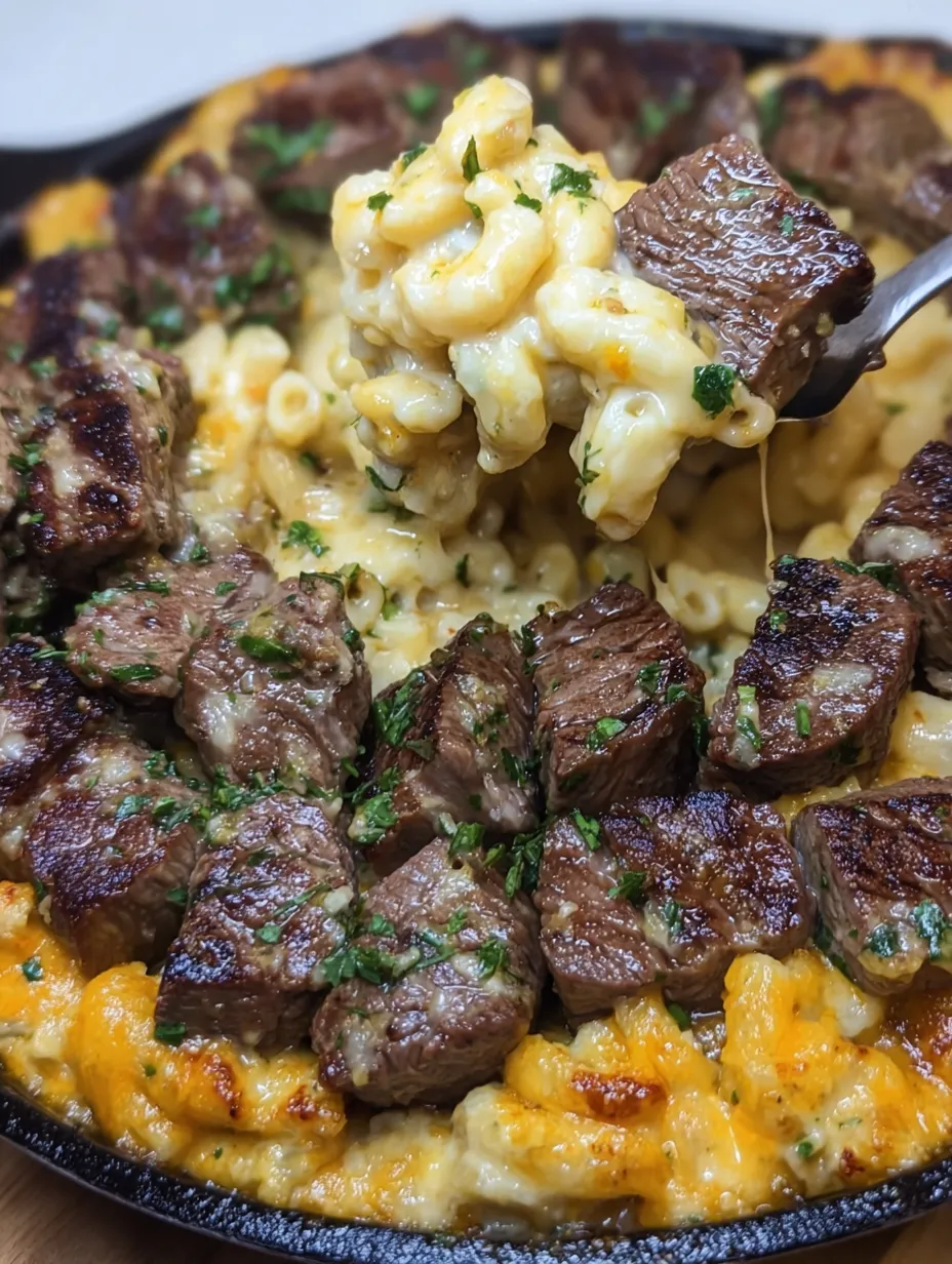 A close up of a plate of garlic butter steak bites and macaroni and cheese.