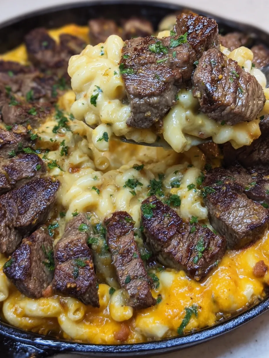 A close up of a plate of garlic butter steak bites and macaroni and cheese.