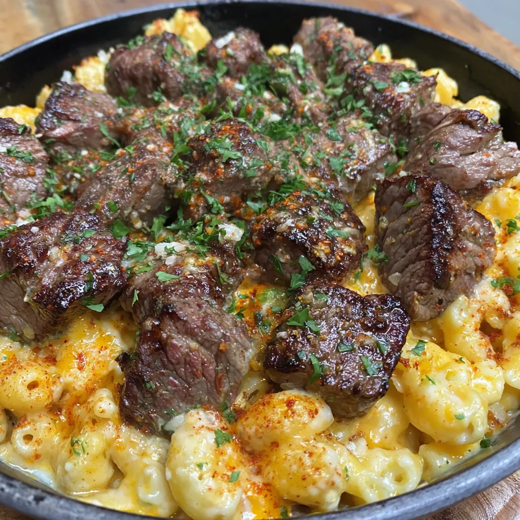 A dish of steak bites with mac and cheese.