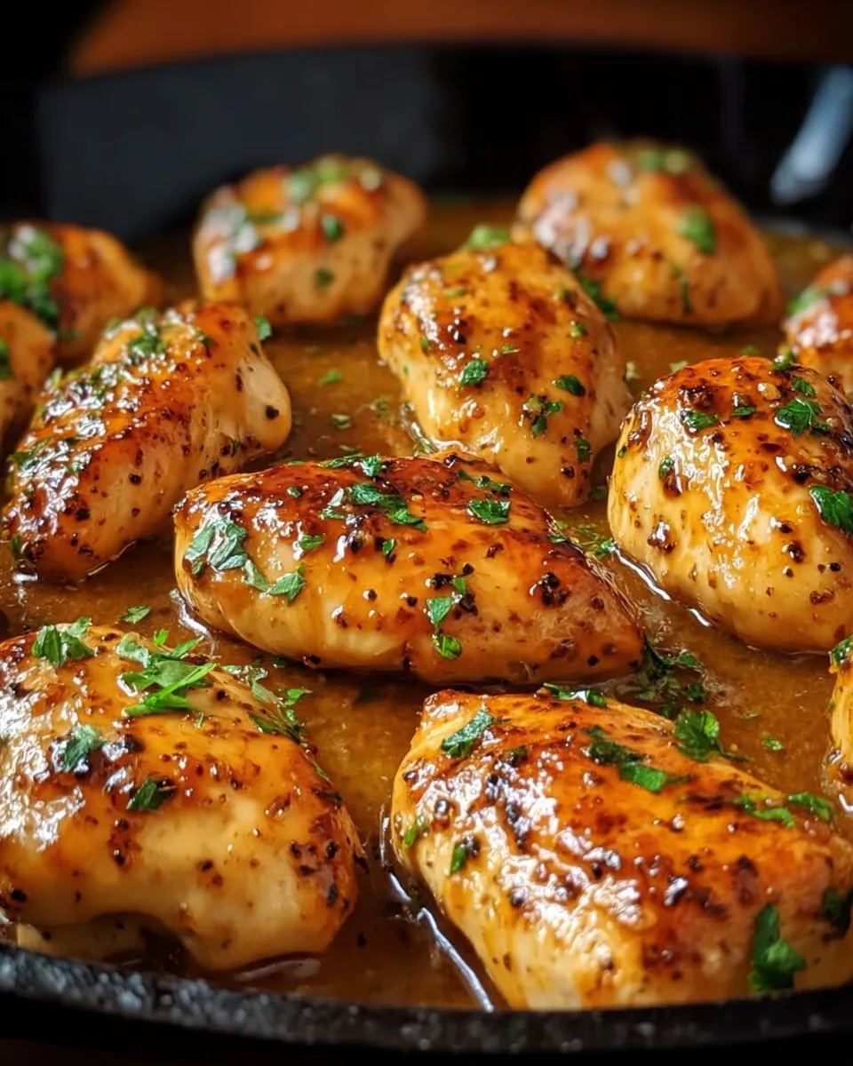 A skillet of butter chicken with green herbs.