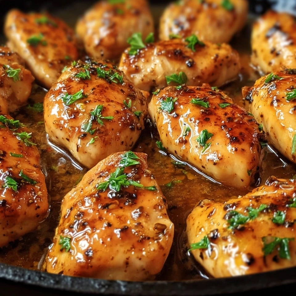 A skillet of chicken with butter and herbs.