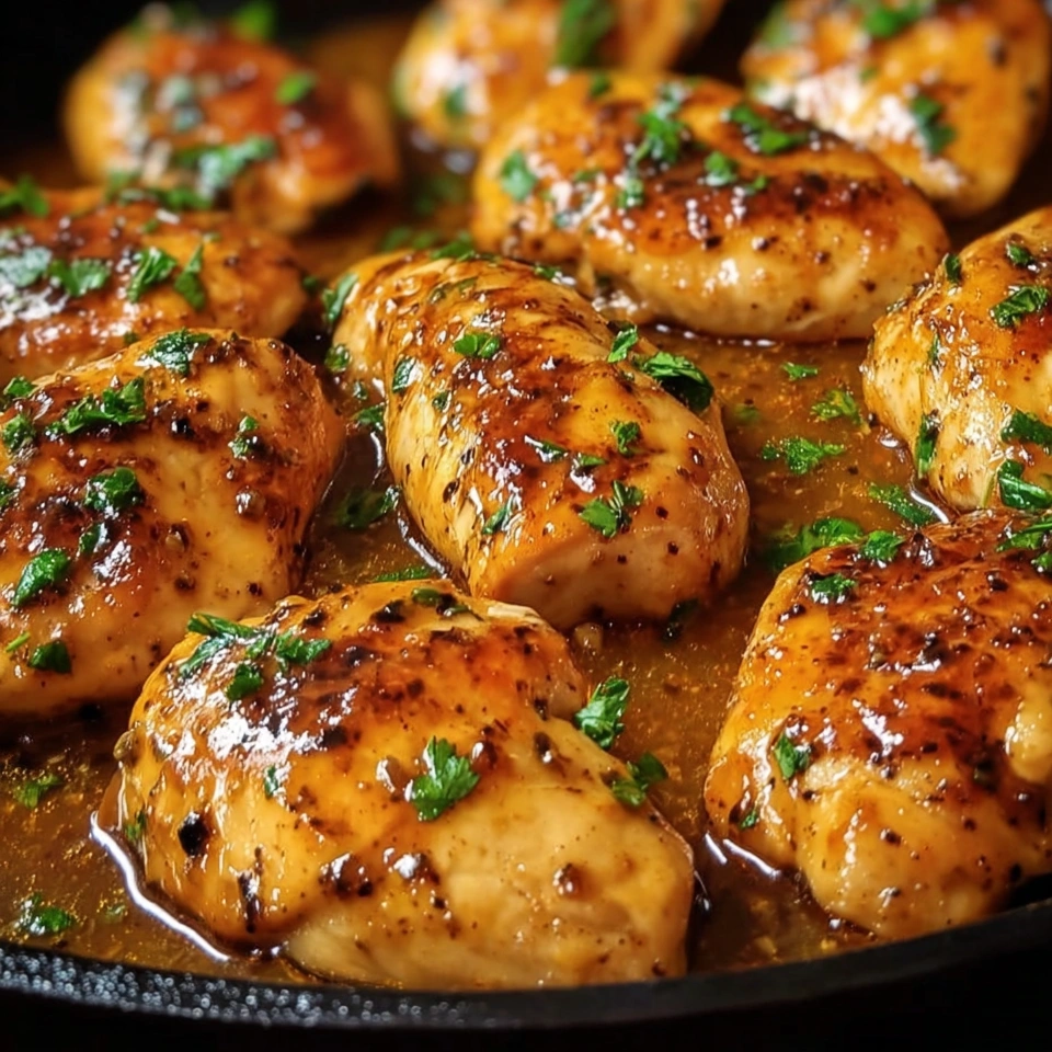 A skillet of butter chicken with green herbs.