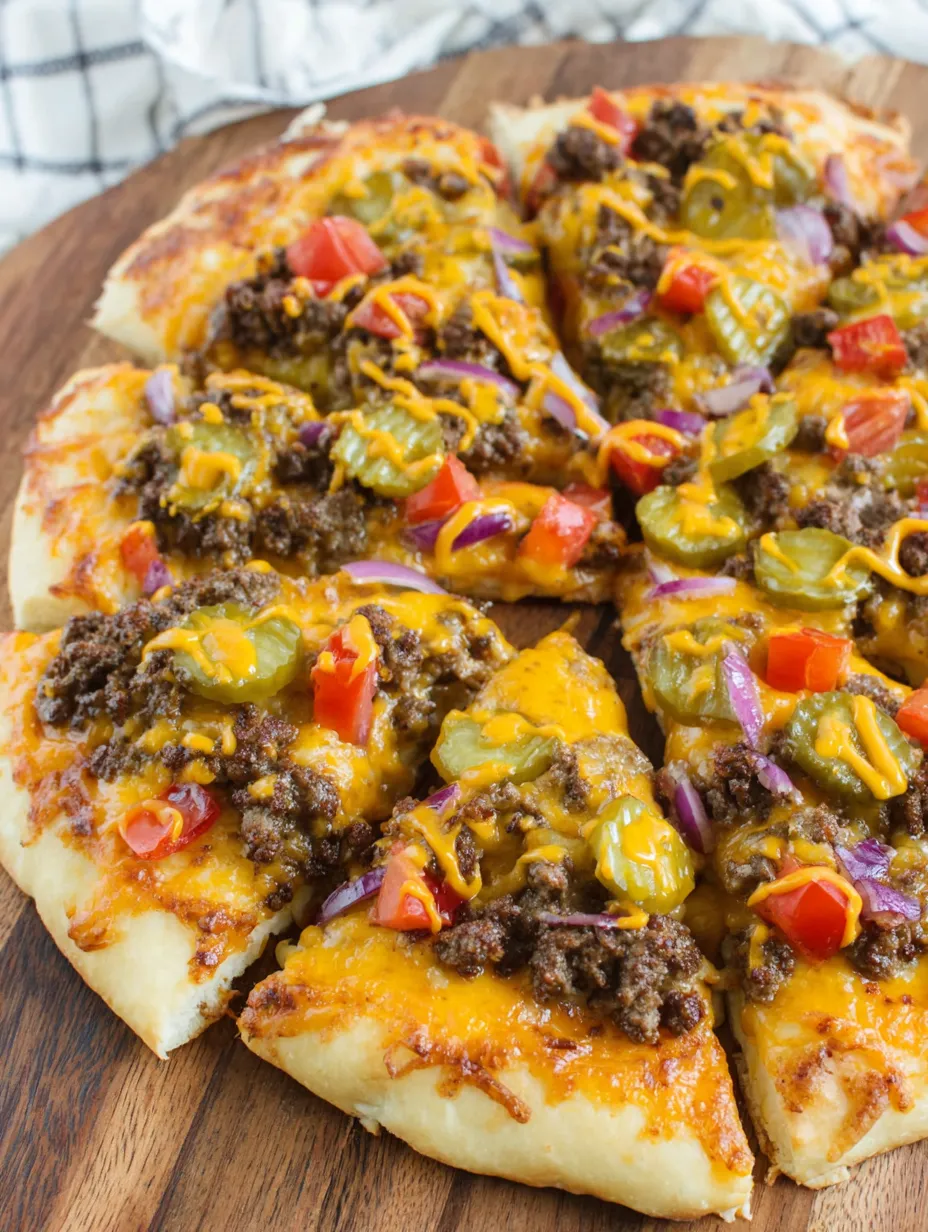 A cheeseburger pizza with various toppings.