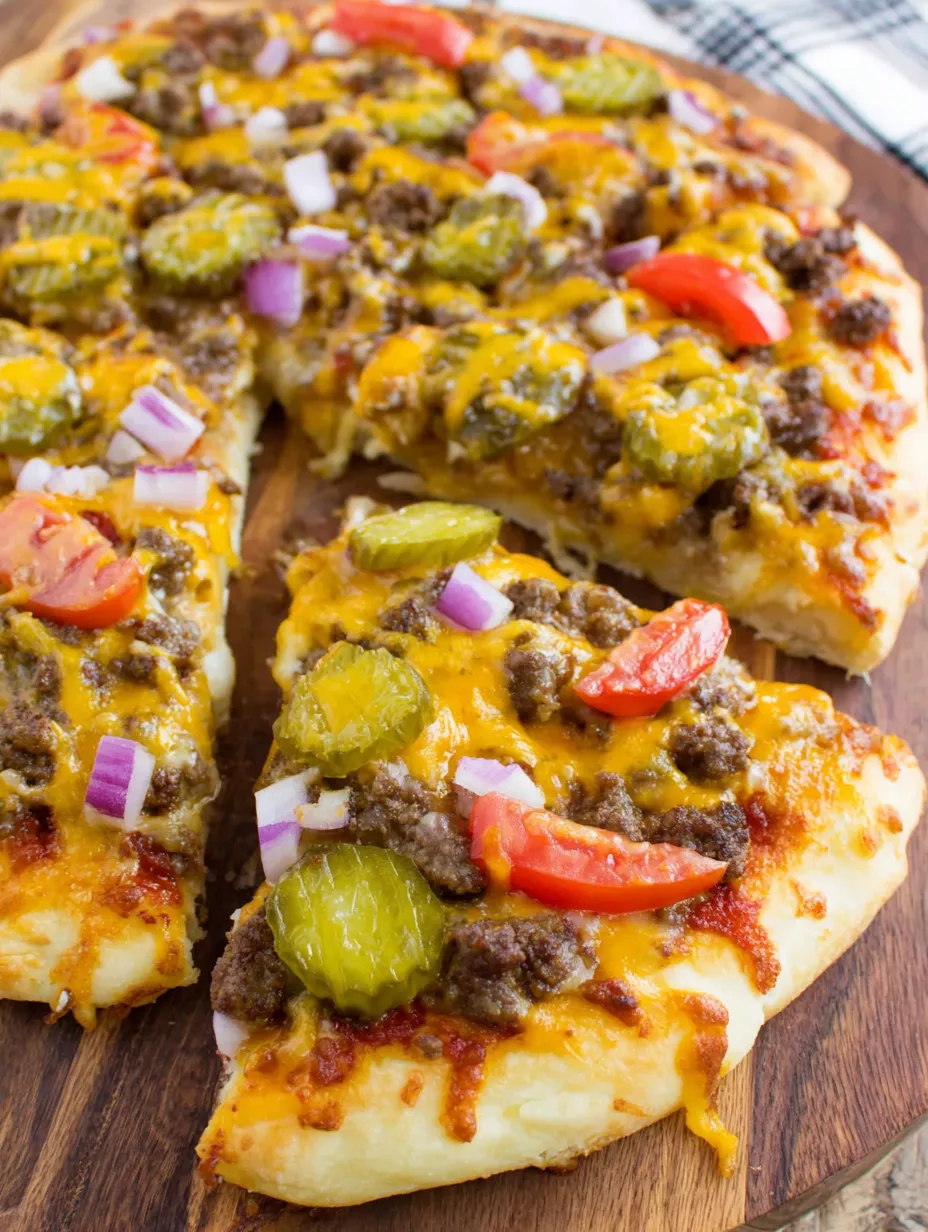 A slice of cheeseburger pizza.