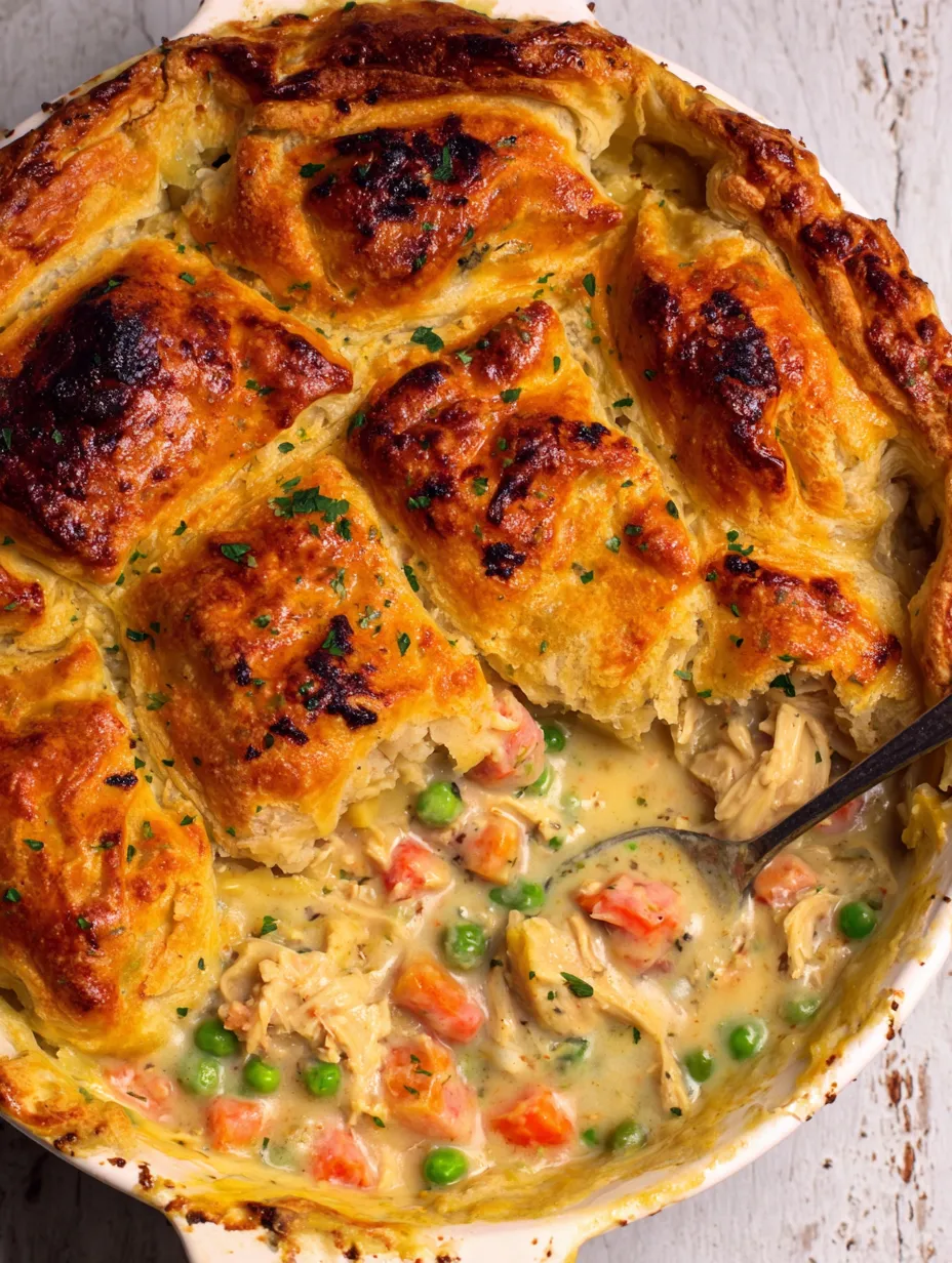 A close up of a chicken pot pie with a fork in it.