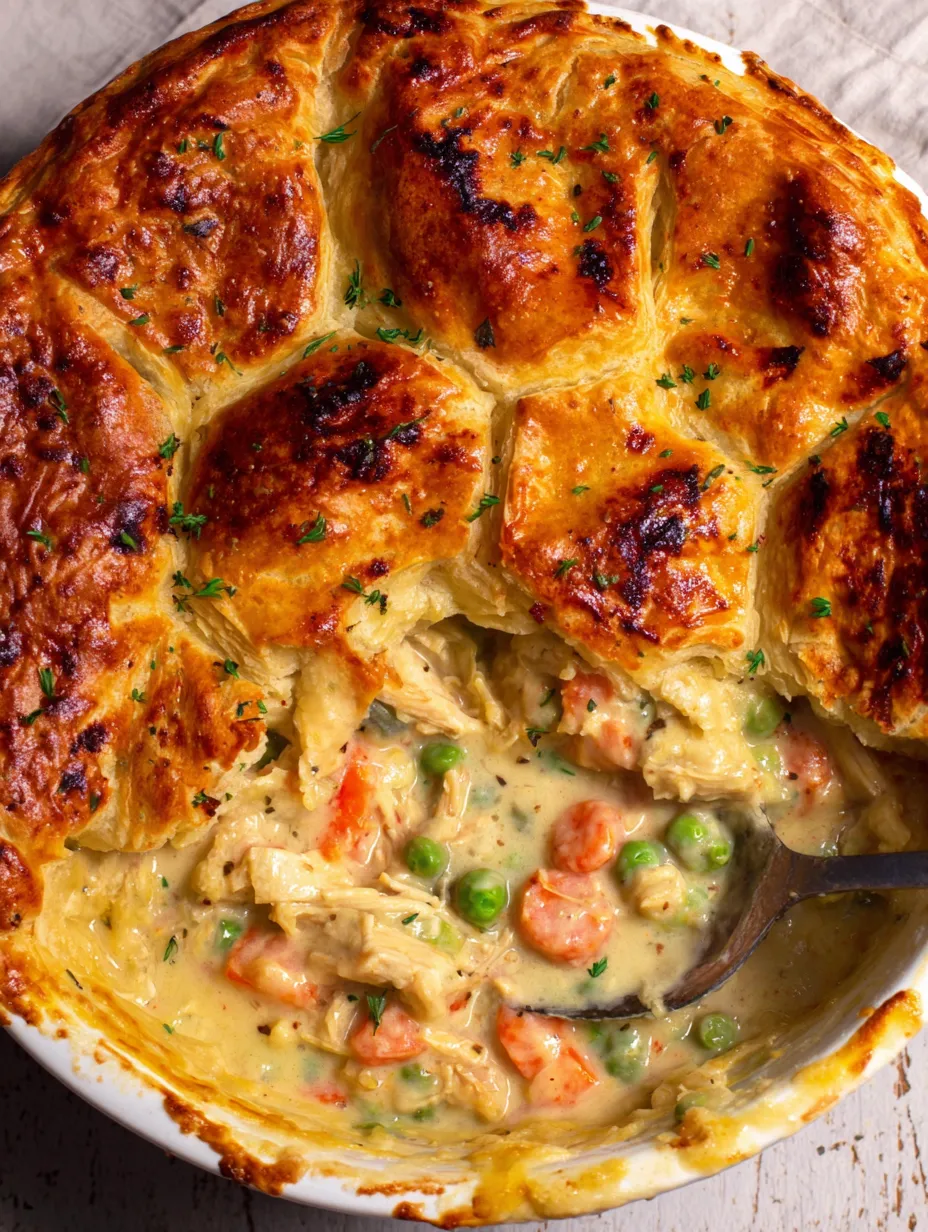 A close up of a pot pie with a fork in it.