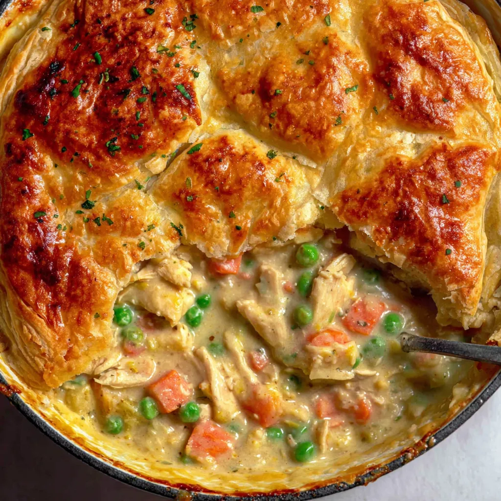 A close up of a pot pie with a spoon in it.