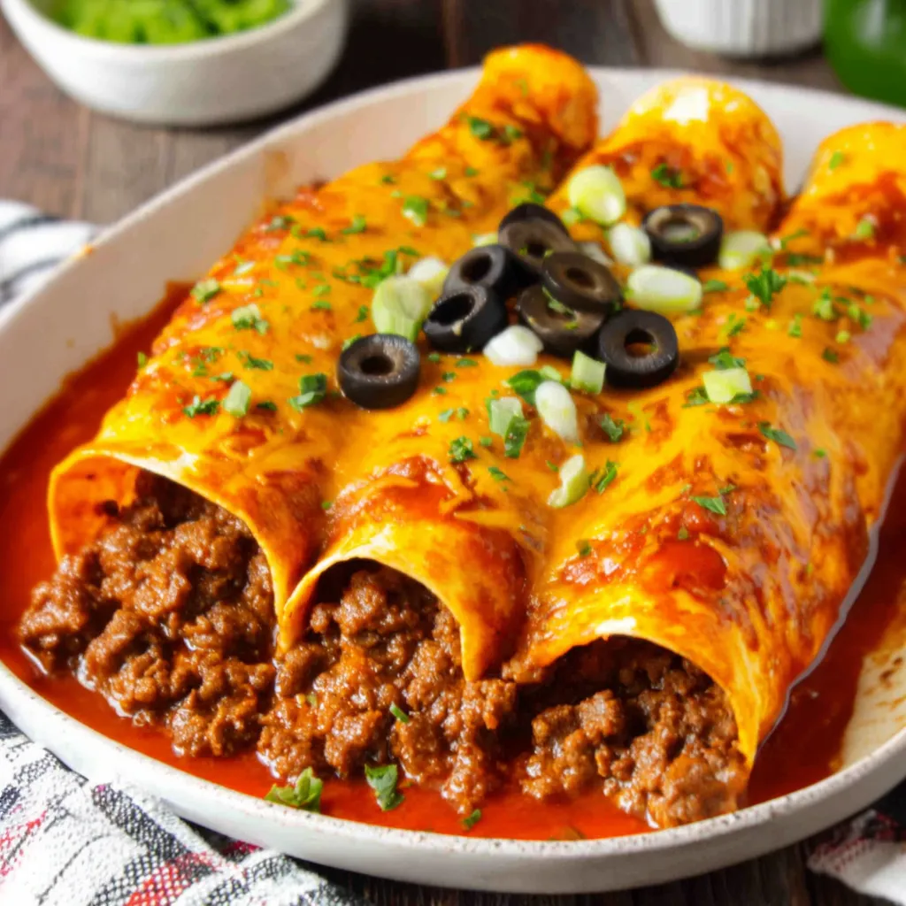A plate of beef enchiladas with olives and green onions.