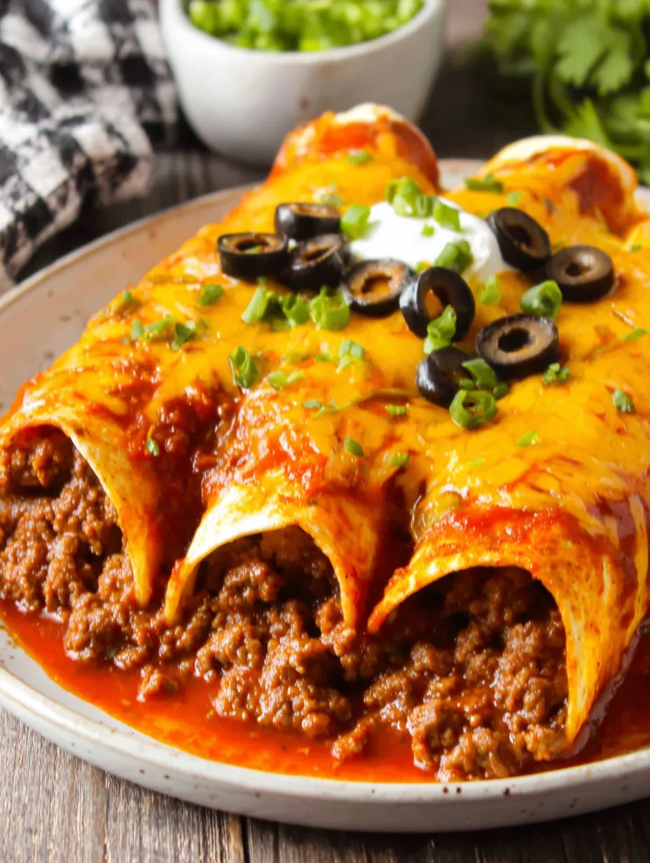 A plate of beef enchiladas with olives on top.