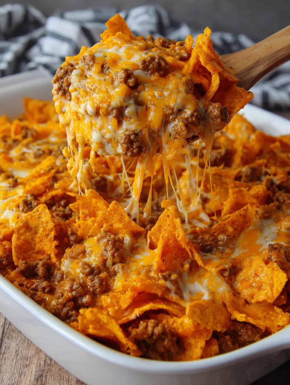A bowl of Dorito Casserole with cheese and meat.