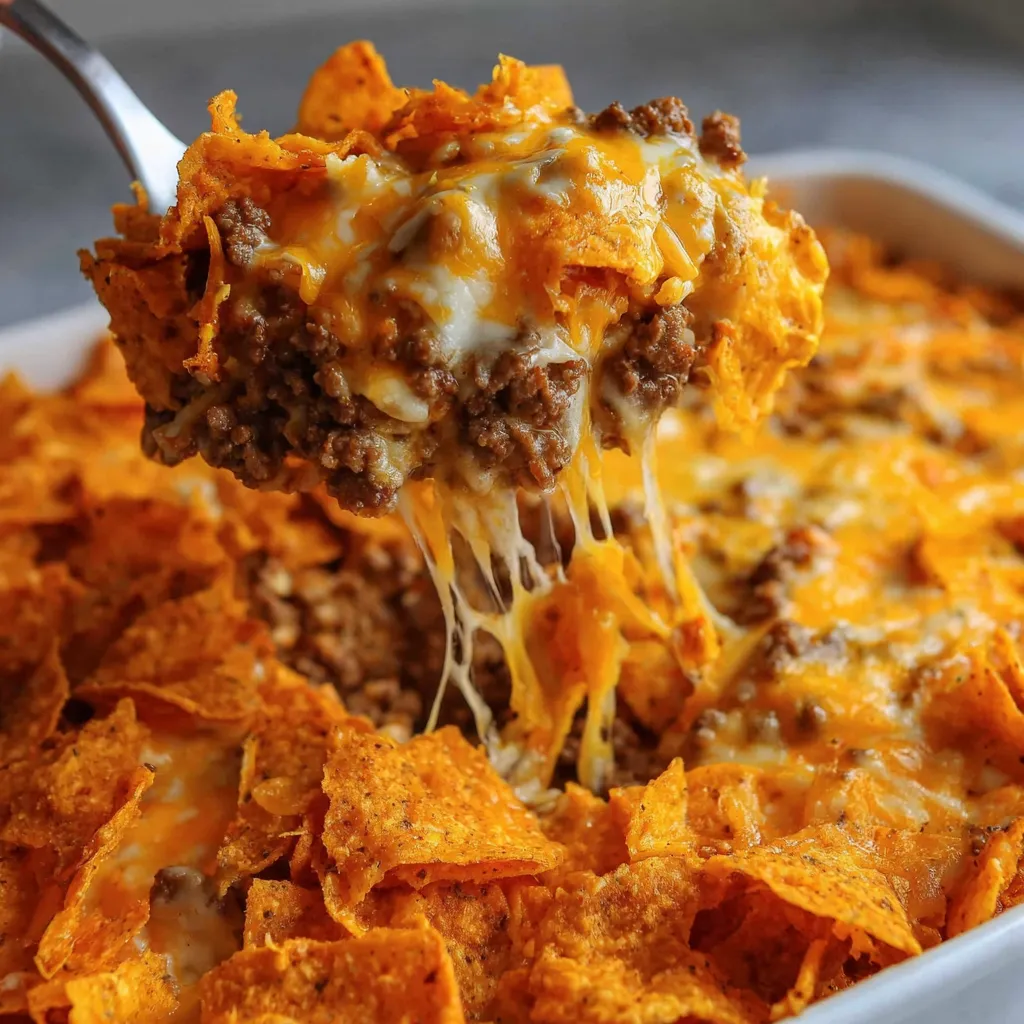 A fork is in a bowl of Dorito casserole.