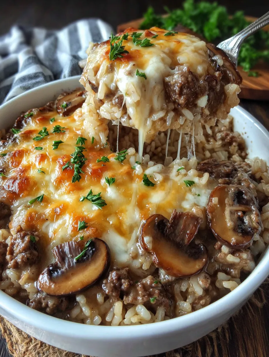A bowl of creamy beef mushroom rice bake.