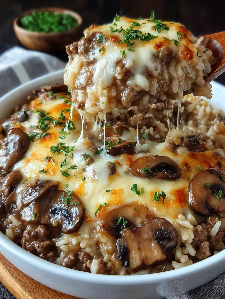 A bowl of creamy beef mushroom rice bake.