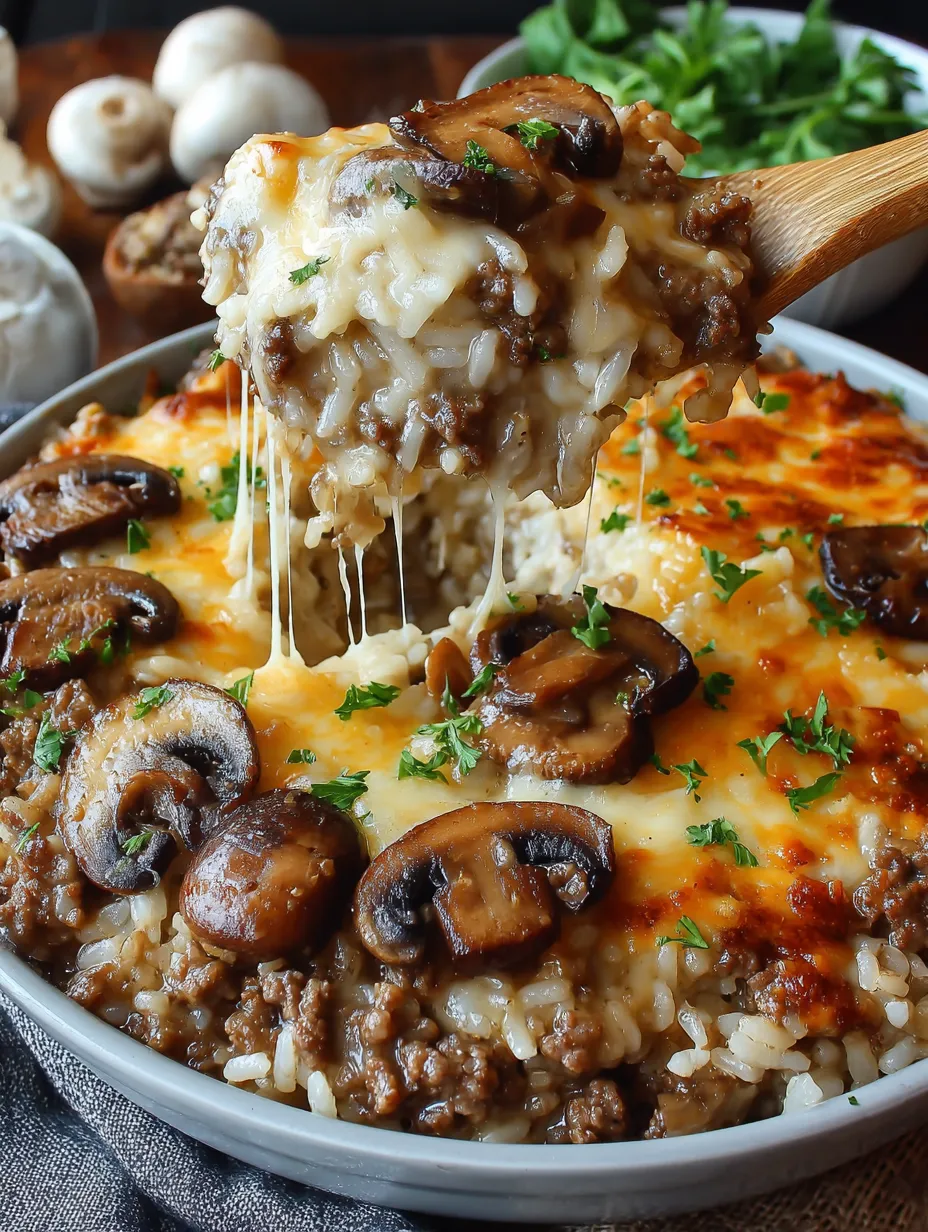 A close up of a creamy beef mushroom rice bake.
