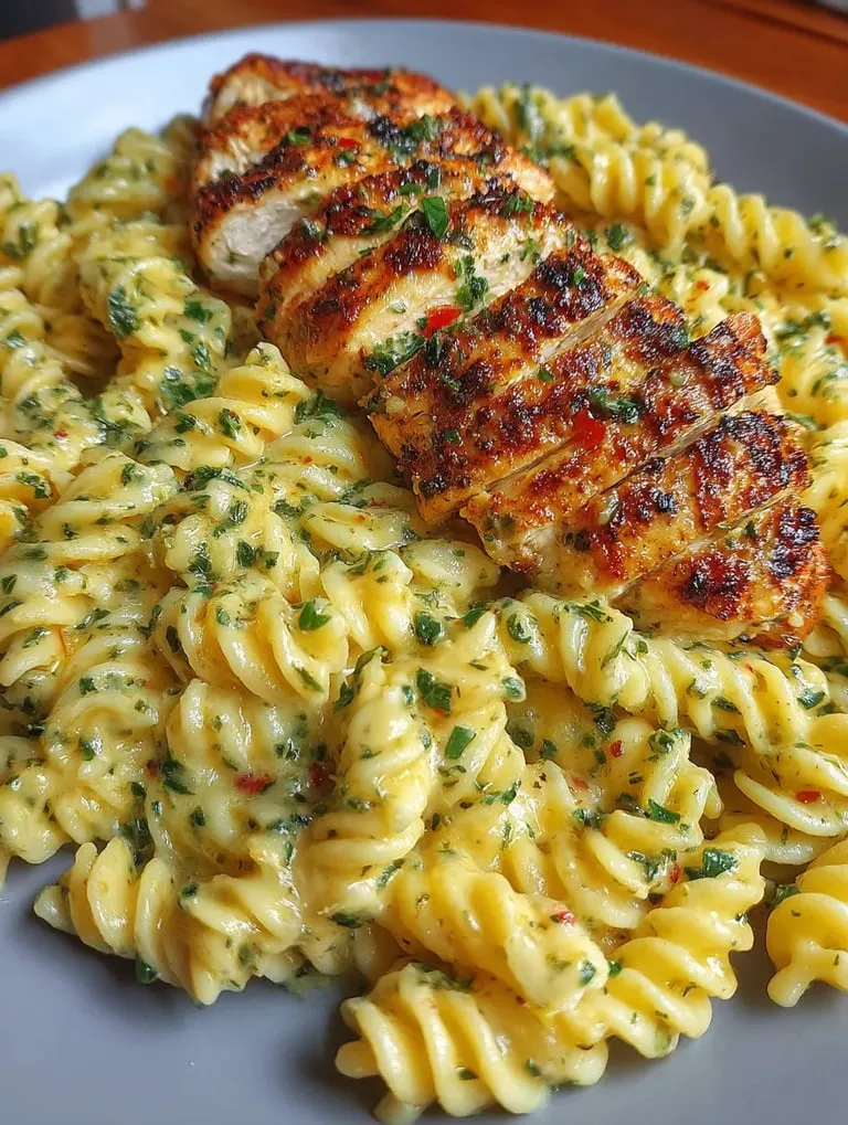 A plate of food with chicken and pasta.