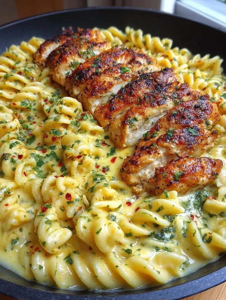 A plate of food with chicken and pasta.