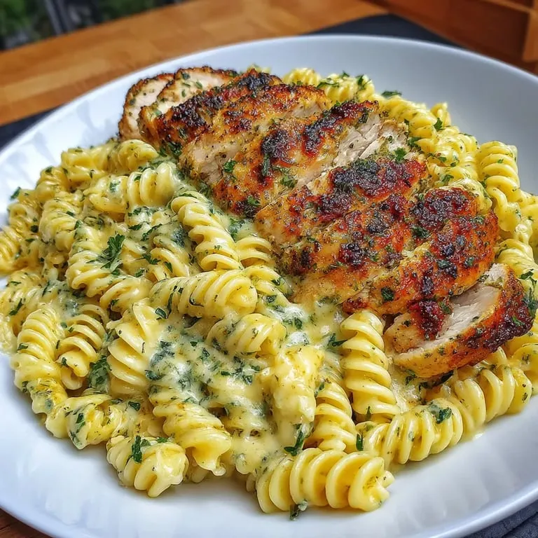 A plate of food with chicken and pasta.