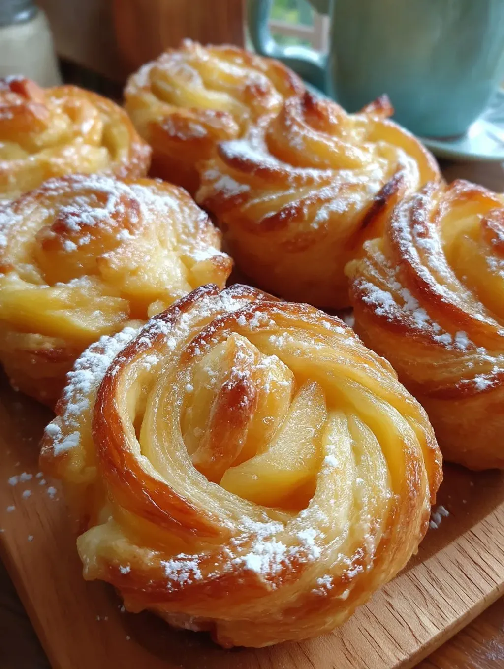 Peach Pie Cruffins on a wooden table.