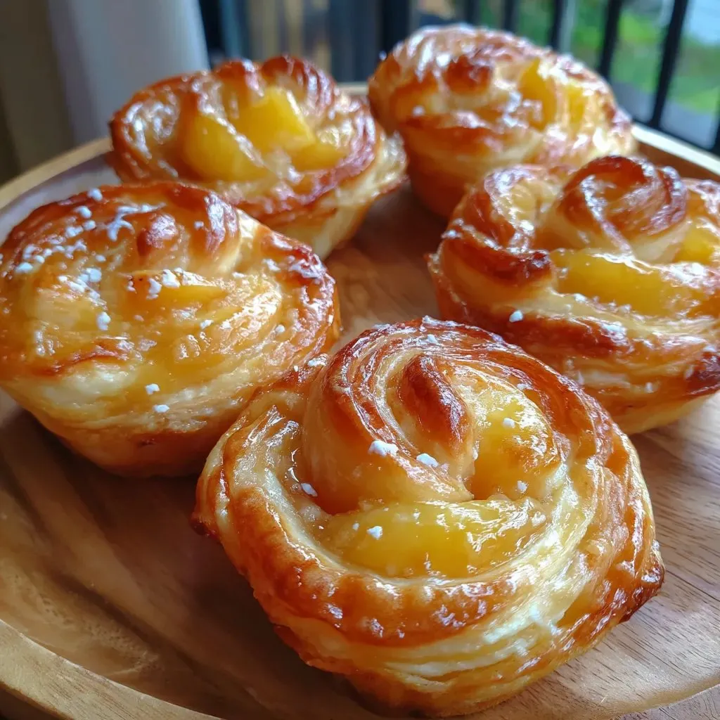 Peach Pie Cruffins on a wooden tray.
