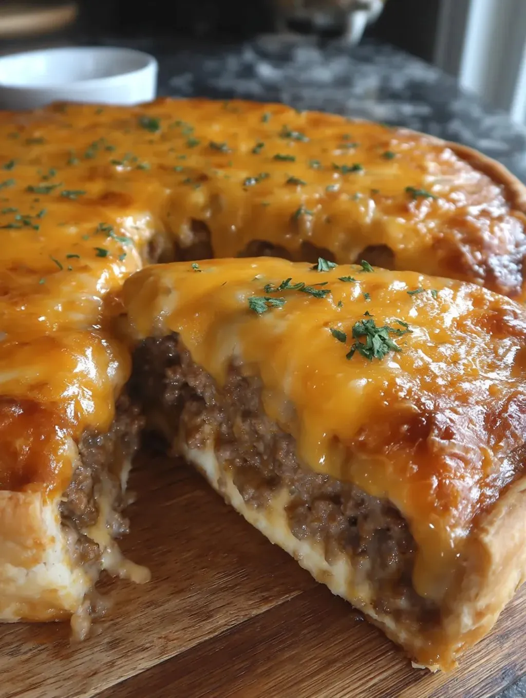A slice of cheeseburger pie.