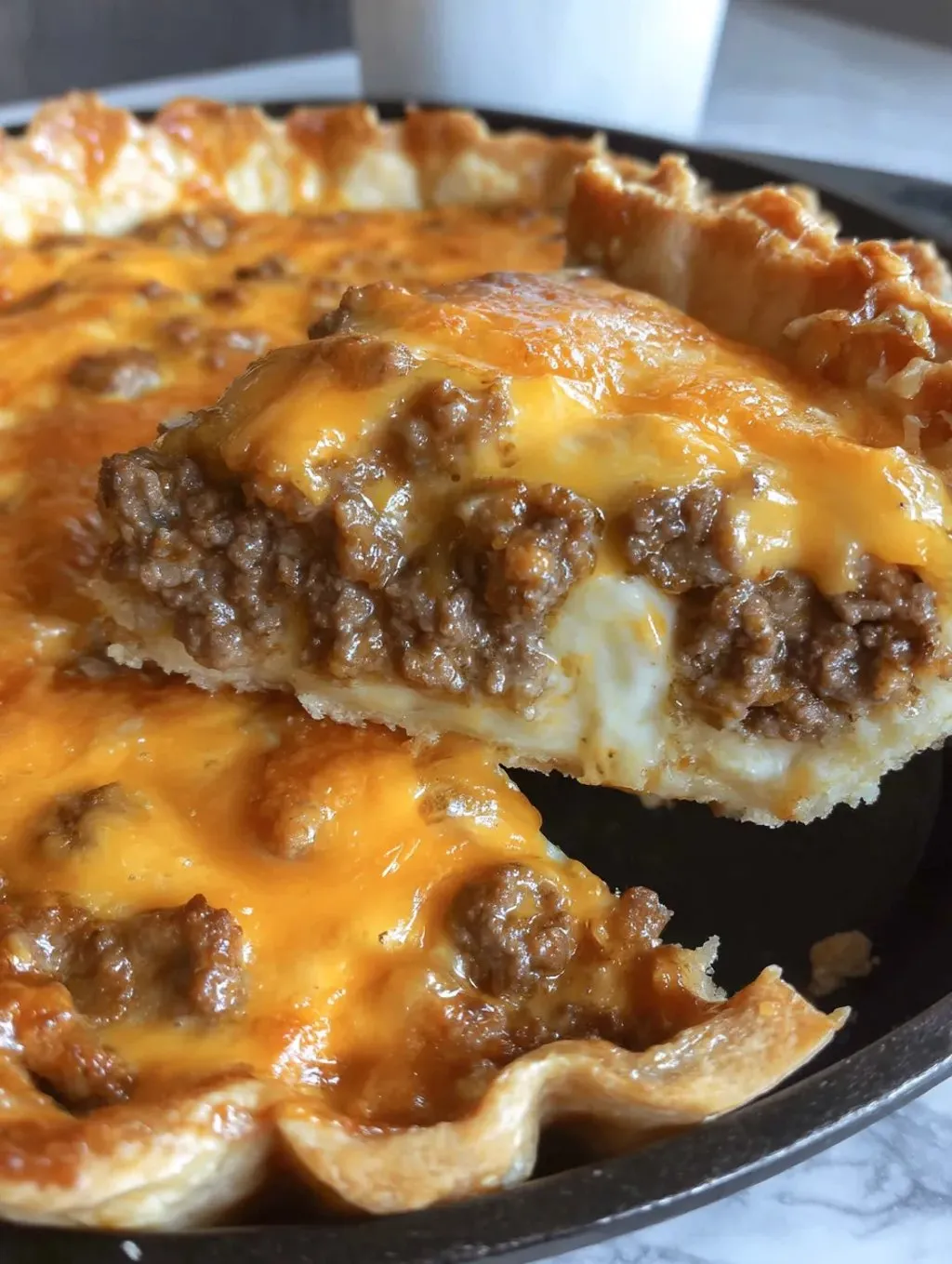 A slice of cheeseburger pie.