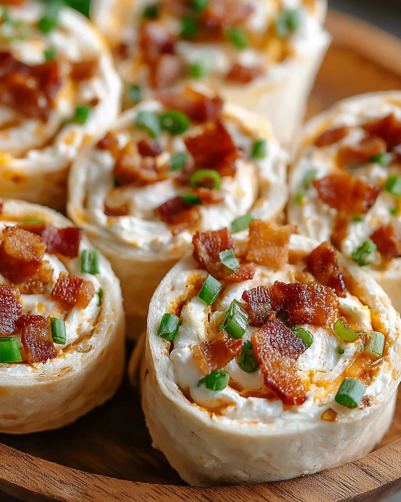 Bacon and cheese pinwheels on a wooden table.