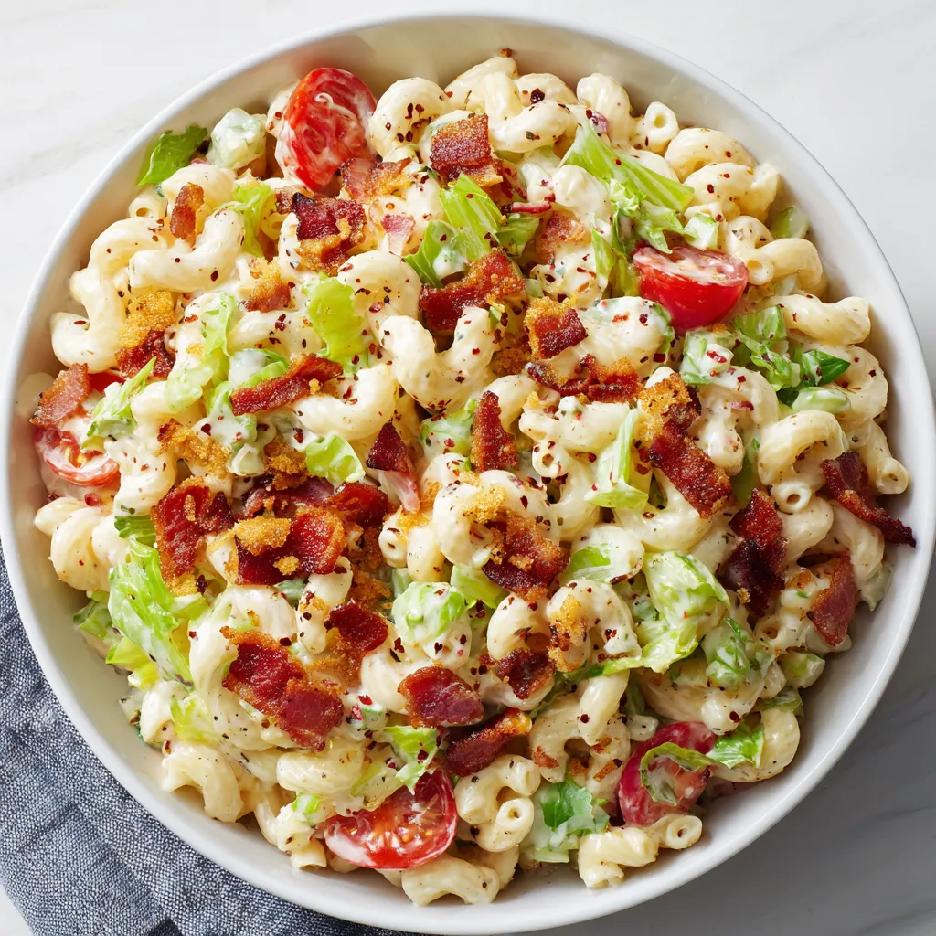 A bowl of BLT macaroni salad.