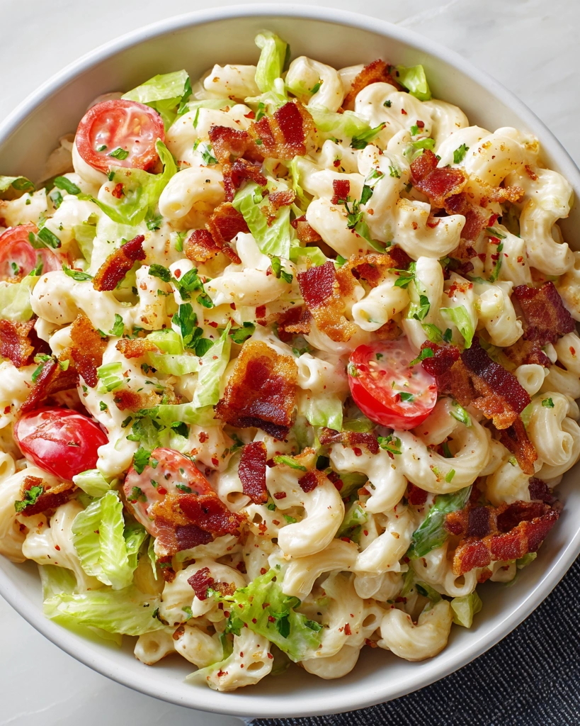 A bowl of BLT macaroni salad.