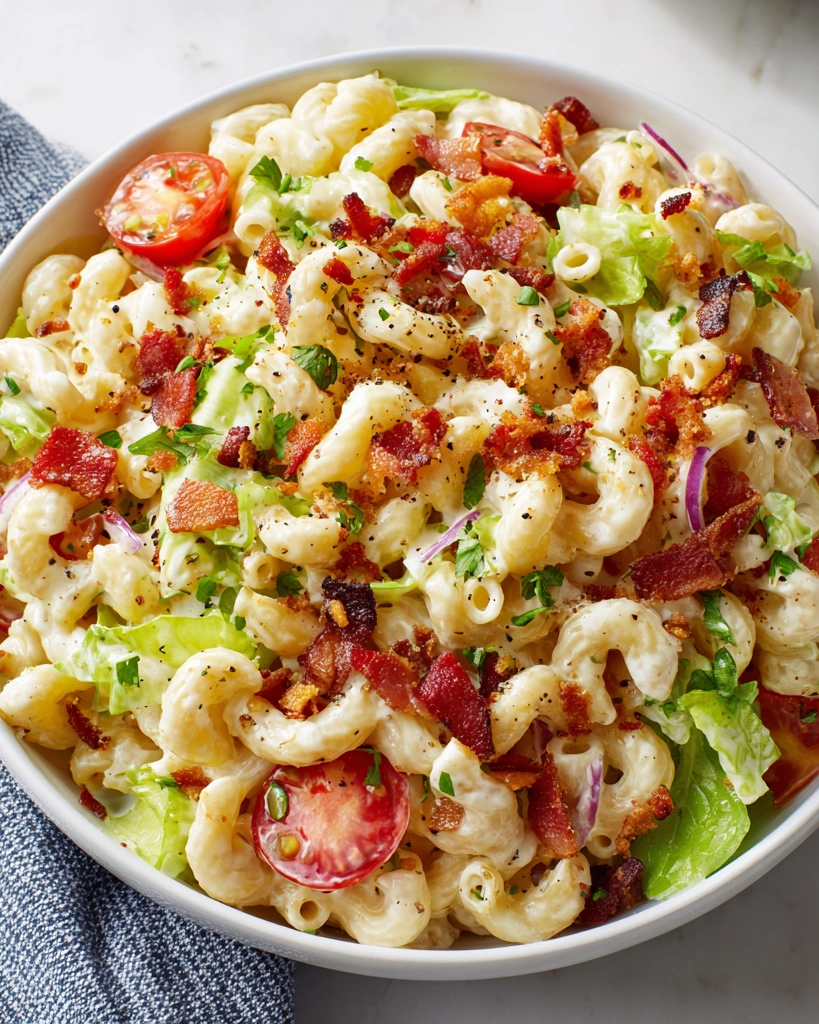 A bowl of BLT macaroni salad.