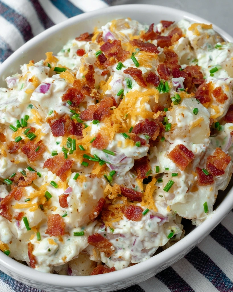 A bowl of cheddar bacon ranch potato salad.