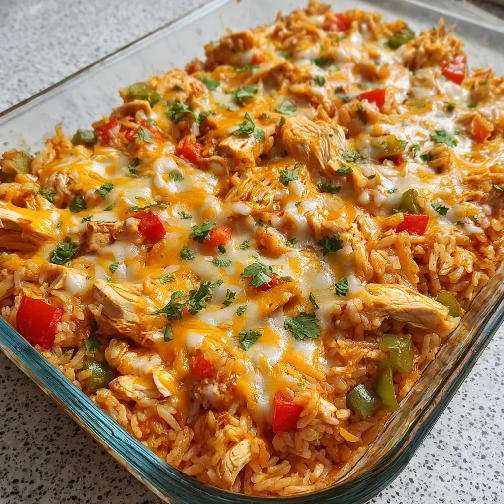 A dish of food with rice and chicken.