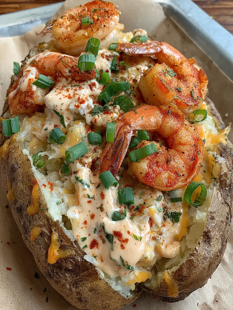 A loaded seafood baked potato with shrimp, cheese, and sauce.