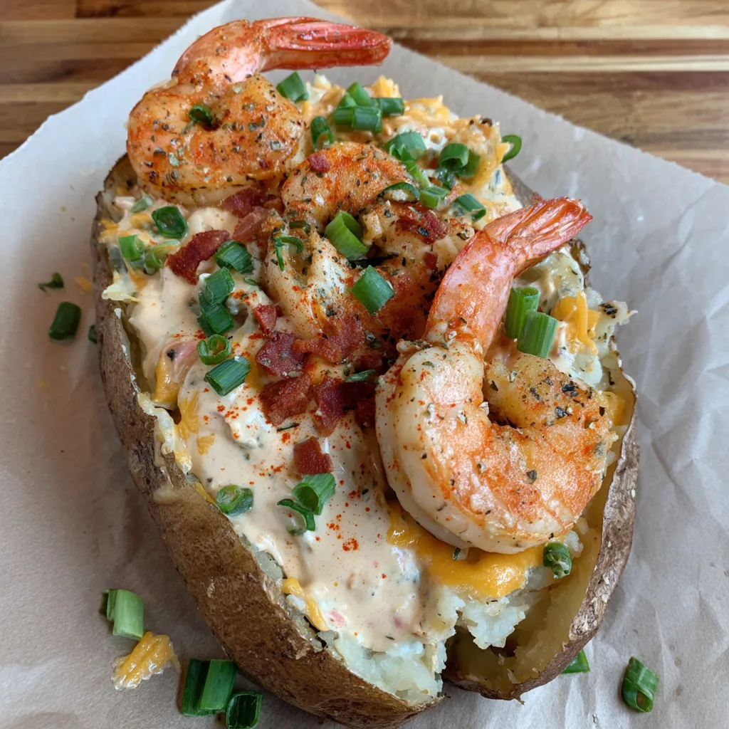 A loaded seafood baked potato with shrimp and bacon.