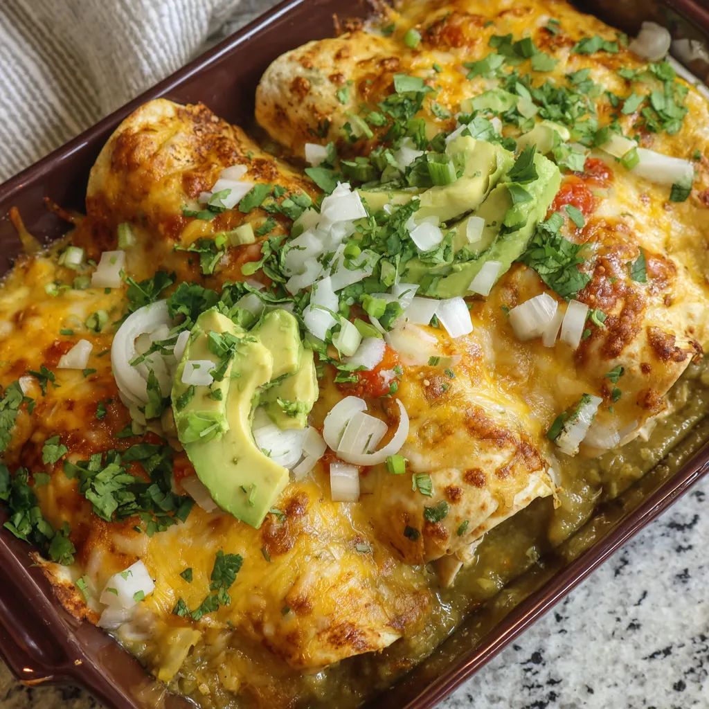 A dish of green chicken enchiladas.