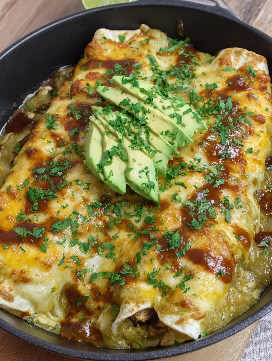 Green chicken enchiladas with avocado toppings.