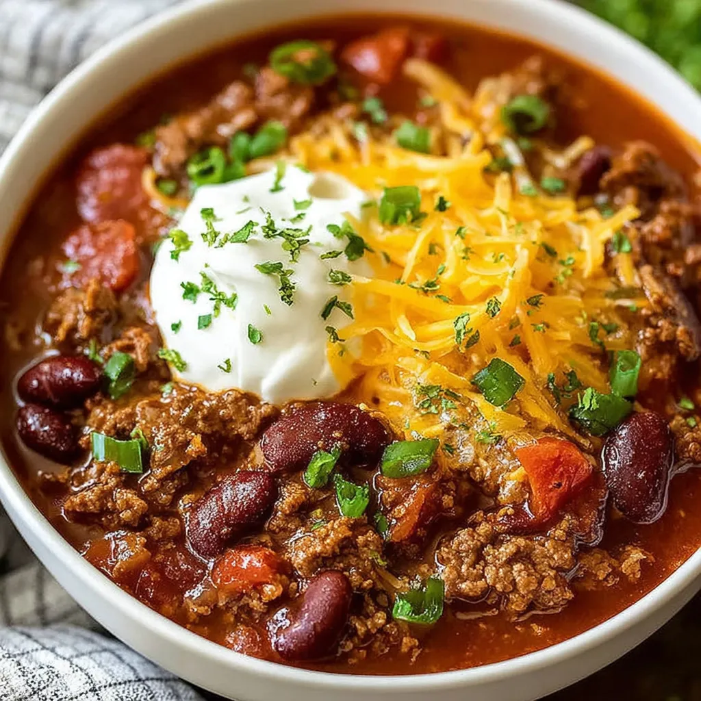 A bowl of chili with a dollop of sour cream on top.