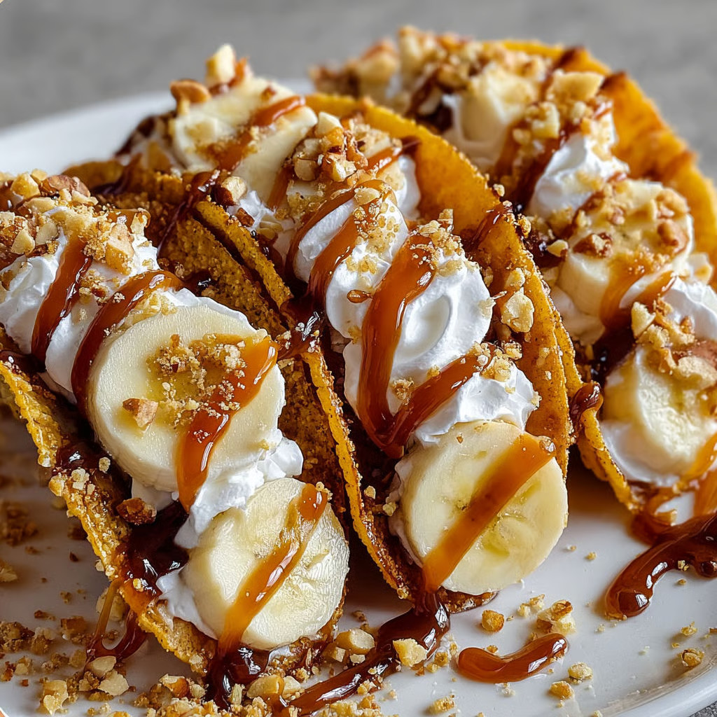 A plate of banana and caramel tacos.